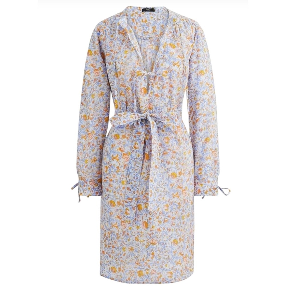 J. Crew Floral Print Dress Tie Neck Long Sleeve Belted‎ XS